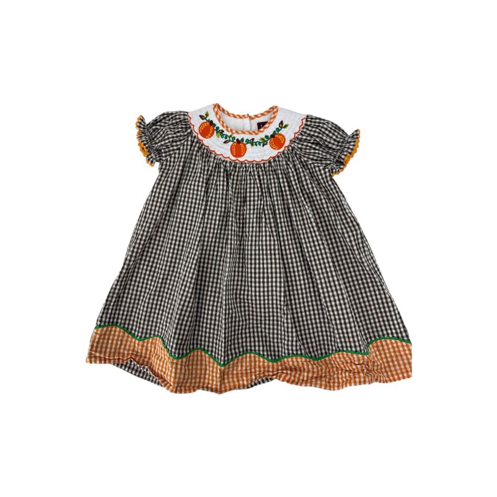 lil cactus smocked dress 3T gingham pumpkin Thanksgiving dress brown orange